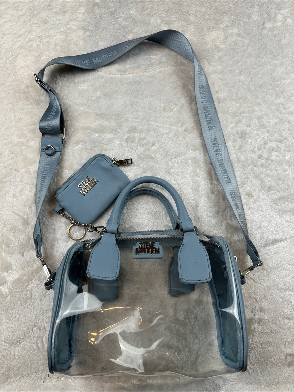 Steve Madden Clear Stadium Satchel Crossbody Bag Blue Logo Strap Coin Pouch
